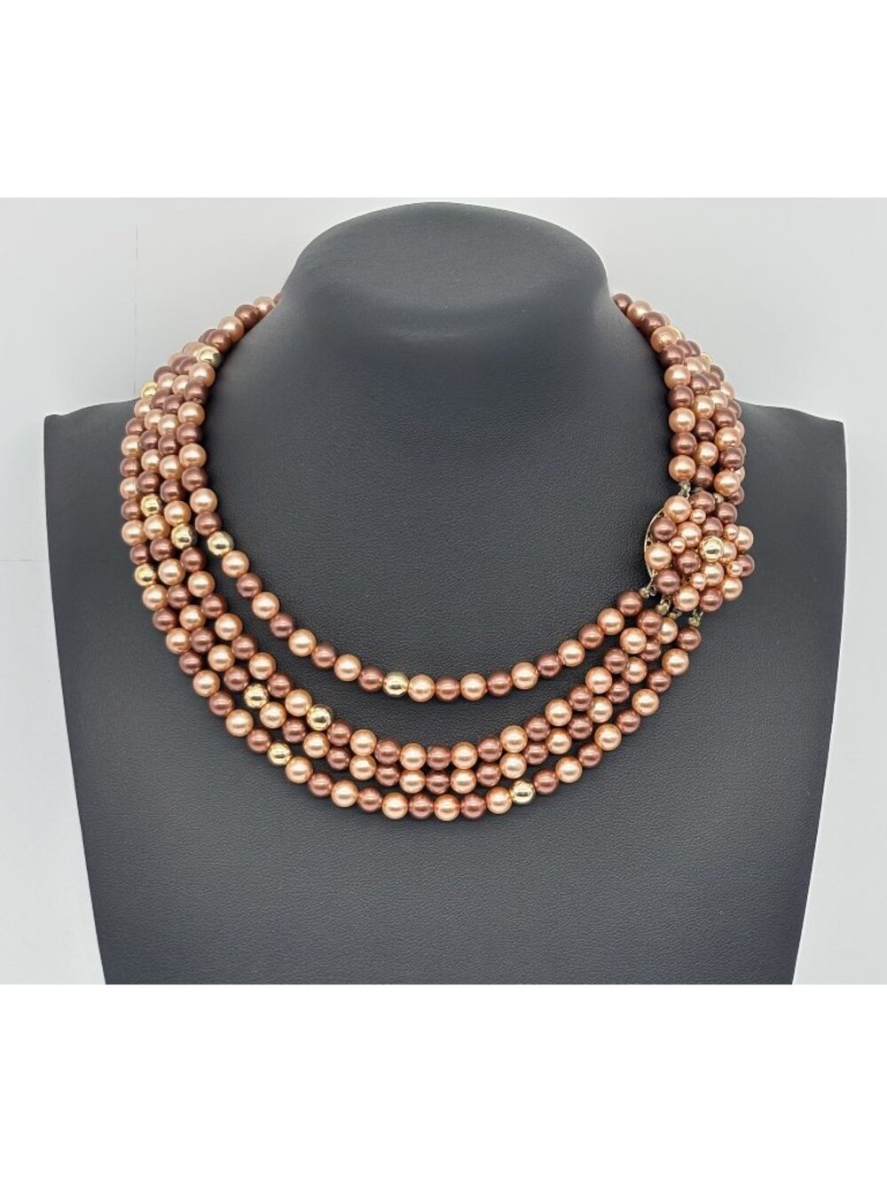 Vintage Multi-Strand Faux Pearl Necklace Mid-Century Gold Bronze Colors, "Japan"